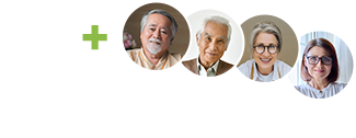 Green plus icon alongside circular portraits of happy seniors representing home care clients